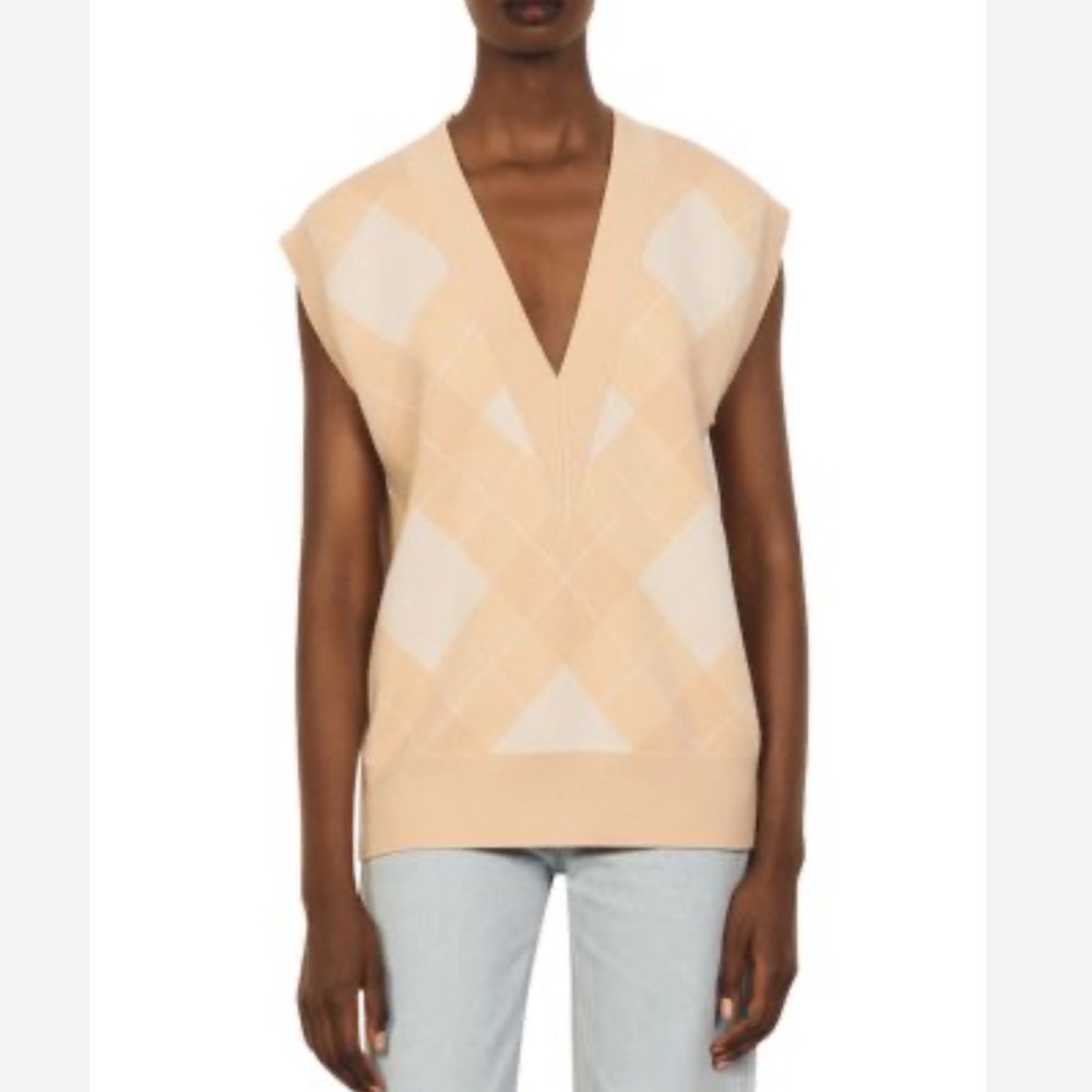 Sandro Paris Beige Argyle Knit Sweater Vest Sleeveless Pullover New w/ Tag xs